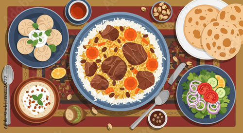 A Delicious Overhead View of a Traditional Middle Eastern Meal Feast Spread on a Colorful Rug
