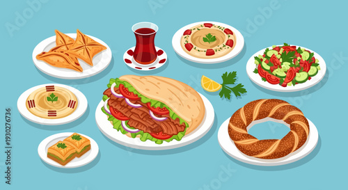 A vibrant and delicious spread of Middle Eastern and Mediterranean food, featuring shawarma, hummus, baklava, and more, perfect for culinary themes and restaurant advertising