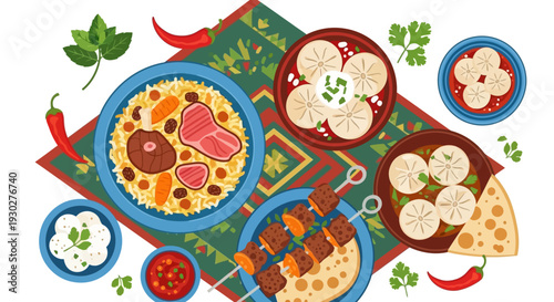 A Vibrant Spread of Delicious Asian Dishes, Featuring Savory Stews, Dumplings, and Skewers on a Decorative Mat