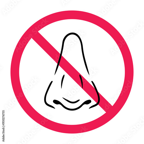 No nose sign, forbidden sign with nose icon, no smelling allowed symbol, forbidden sniffing icon, no inhaling sign, breathing restriction sign, vector illustration