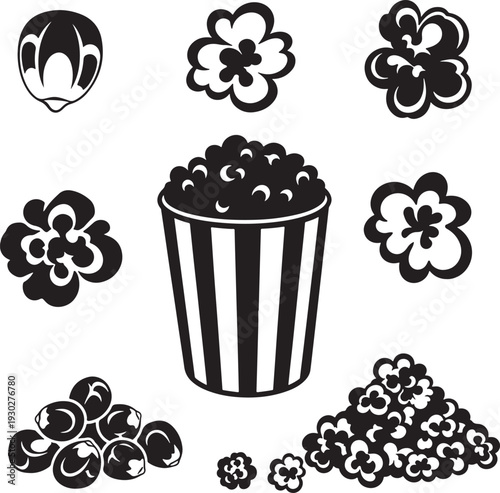 Black and White Popcorn Illustration with Flowers