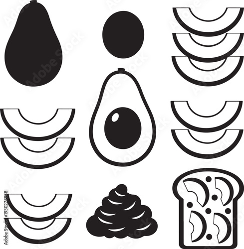 Black and White Flat Food Icons Set with Avocado, Pear, and Toast