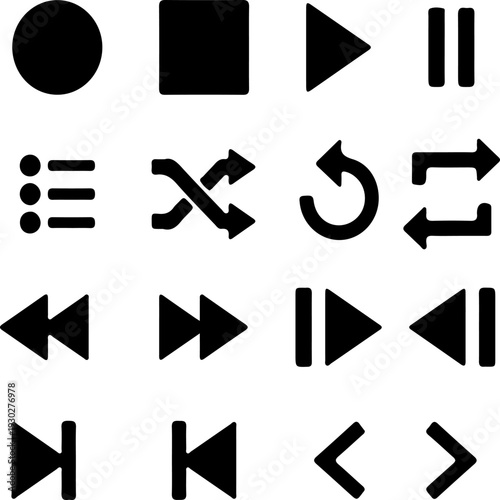 Set of 16 black media player control icons vector