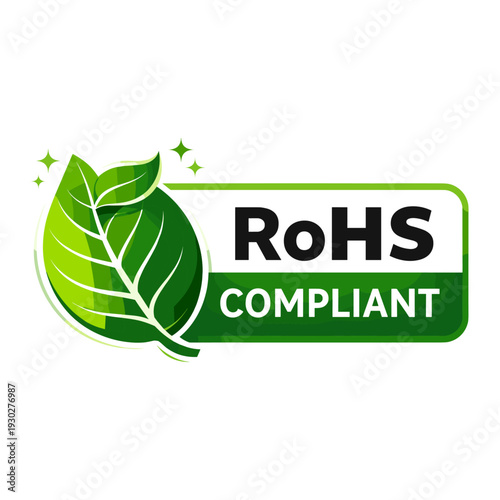 RoHS compliant eco label with green leaf, environmental certification badge logo flat vector design