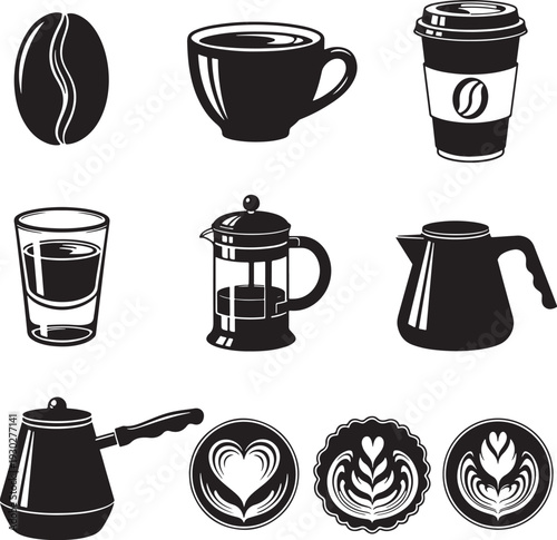 Black and White Coffee Illustration Set with Cups and Beans