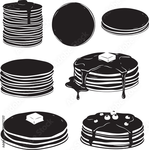 Black and White Pancake Stacks with Syrup and Butter