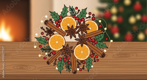 Vibrant christmas wreath with oranges cinnamon sticks and holly on wooden table by cozy fireplace with christmas tree