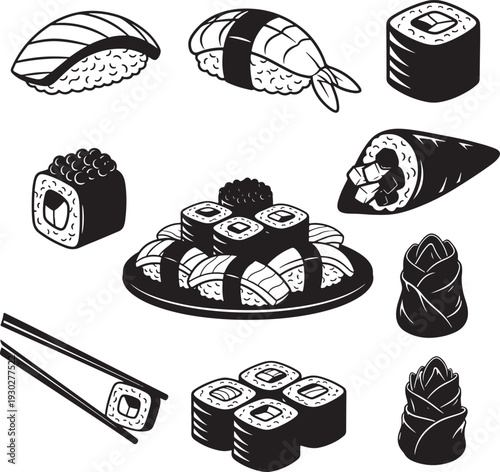 Black and White Sushi Illustration with Various Rolls and Chopsticks