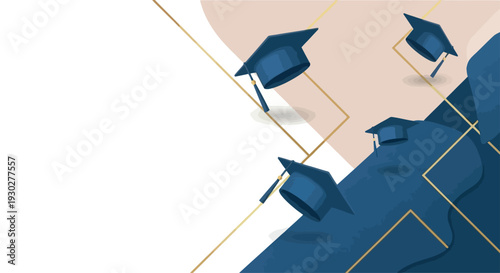 Vector illustration of a graduation celebration with academic hats and gold lines on a white background, symbolizing achievement and festivity.