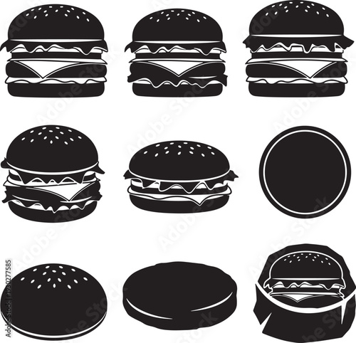 Black and White Burger Icons Set with Various Toppings