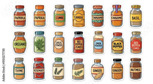Variety of colorful spice jars with labeled herbs and seasonings on a white background perfect for cooking and recipe illustrations