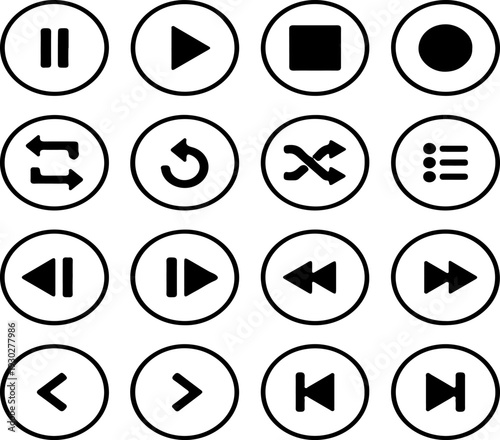 Set of 16 black and white media player control icons vector