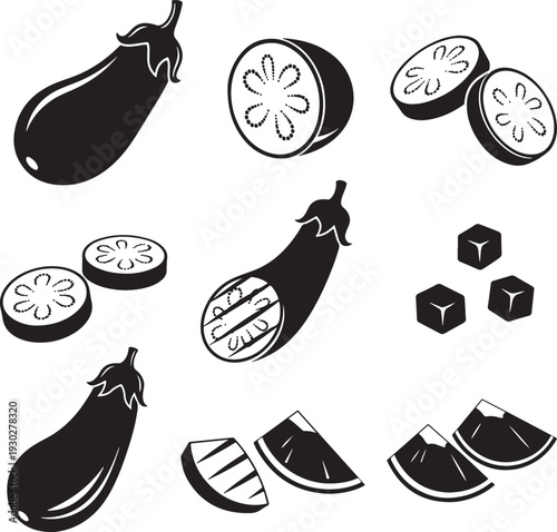 Black and White Illustration of Eggplants and Citrus Fruits