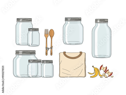 Zero-waste essentials illustration: reusable glass jars, bottles, wooden cutlery, fabric bag, and organic food waste.