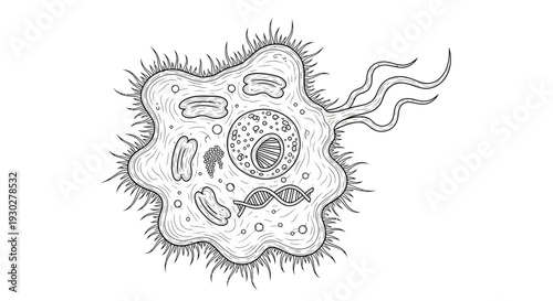 Amoeba Cell Structure: Nucleus, DNA, and Pseudopods - Scientific Illustration