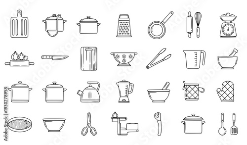 Kitchen utensil editable thin line vector icon set