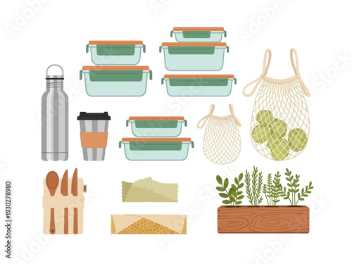 Illustration of a collection of eco-friendly, reusable items for a zero waste lifestyle, promoting sustainability in daily routines.