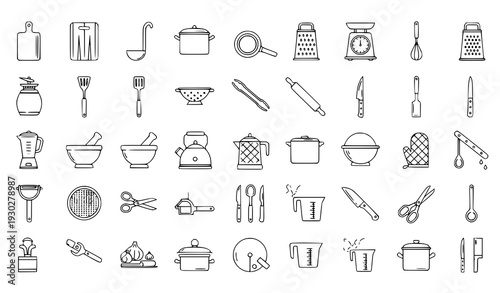 Big kitchen utensil editable thin line vector icon set