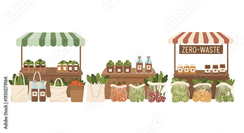 Sustainable outdoor market scene featuring various zero-waste stalls offering fresh produce, bulk items, and eco-friendly shopping solutions.