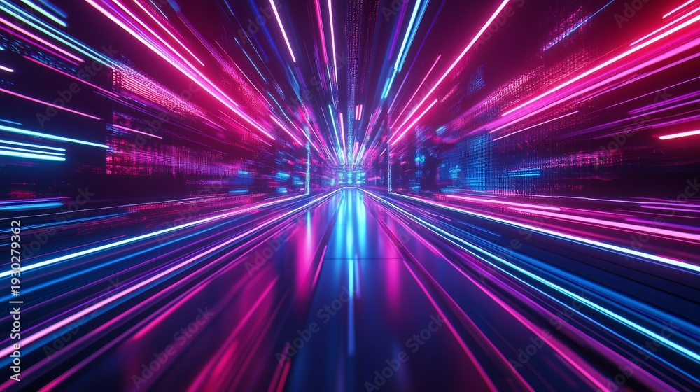 Obraz premium 28.Cyber-style night banner with intense light streaks, sharp angles, and neon letters promoting mega discount sale