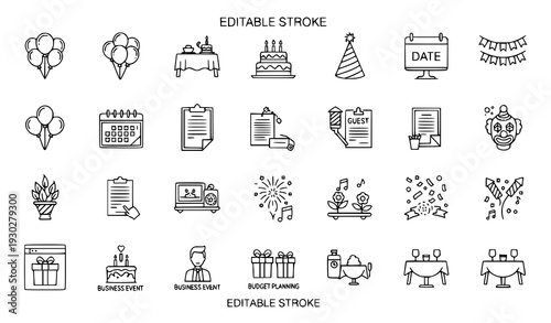 Birthday, celebration, and event planning thin line vector icons