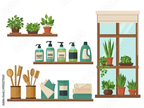 Sustainable home essentials: eco-friendly cleaning products, brushes, towels, plants on shelves and window.