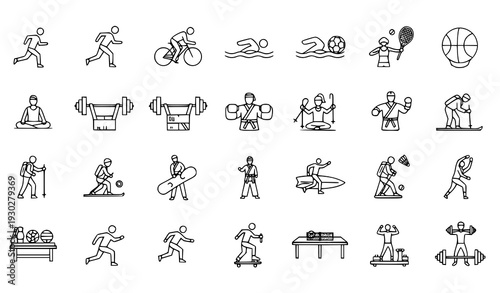 Fitness and sports thin line vector icons of active lifestyle people