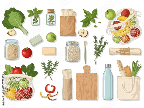Illustrated collection of sustainable and eco-friendly products promoting a zero-waste lifestyle, depicting reusable bags, fresh produce, and natural hygiene items for conscious living practices