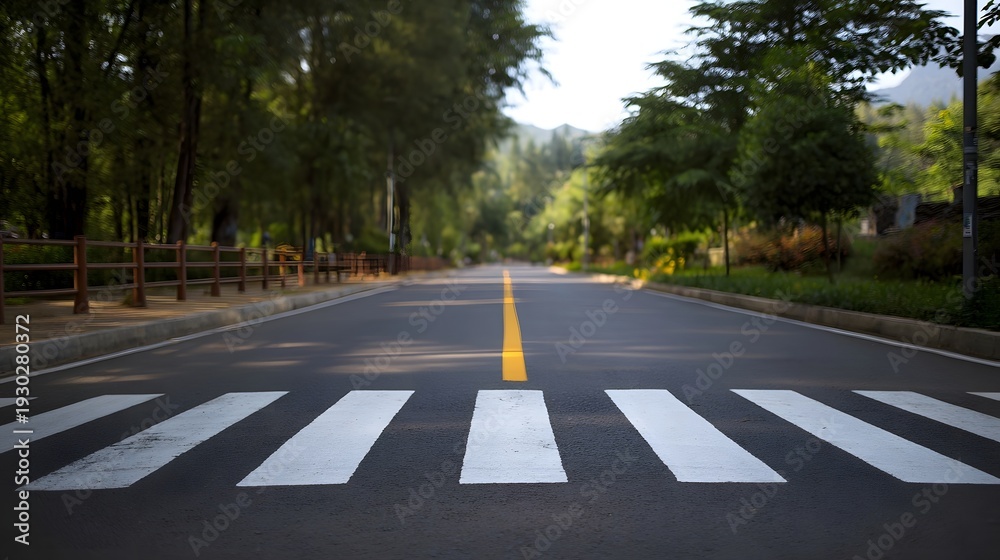 Obraz premium A striped crosswalk on an asphalt road surrounded by lush green trees and natural scenery