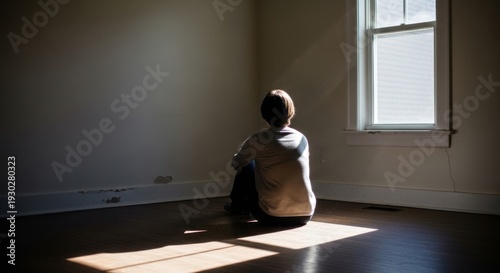 Lonely child sits in a sunlit empty room, casting long shadows, evoking a sense of isolation and quiet contemplation.