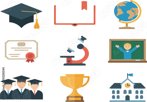 Education Icon Set with Graduation Cap Books Microscope School Building and Academic Symbols for Learning Concept