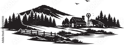 Vermont Rural Landscape Silhouette, Vector Illustration, Isolated on White Background