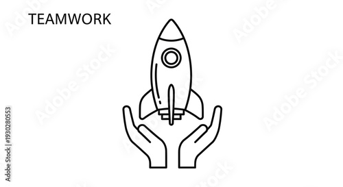Teamwork concept: Hands holding a rocket launching upwards, symbolizing startup, success, and collaboration.