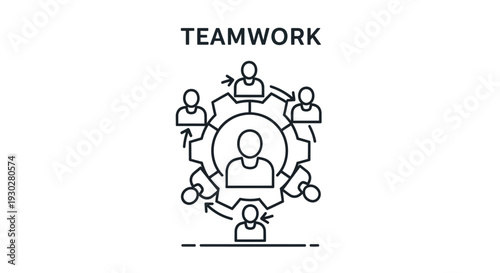 Teamwork concept icon: people collaborating around a central gear, representing synergy and cooperation