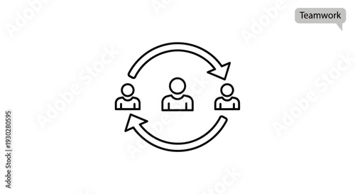 Teamwork concept, three people in a circle with arrows showing collaboration and communication