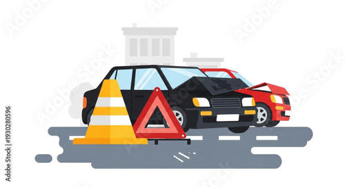 Car Accident on Roadway with Warning Signs.