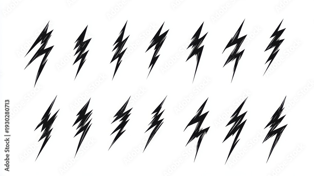 Fototapeta premium 65.Isolated group of black thunderbolt symbols with clean vector lines, representing energy, danger, and power in modern iconography