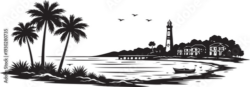 South Carolina Coastal Landscape Silhouette, Vector Illustration, Isolated on White Background