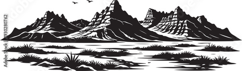 South Dakota Badlands Landscape Silhouette, Vector Illustration, Isolated on White Background