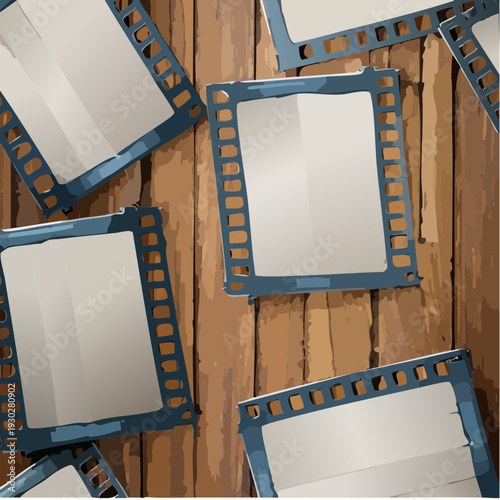 Vintage film strips and frames scattered on a wooden surface.
