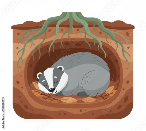 A badger resting in its underground burrow surrounded by roots and soil viewed from the side
