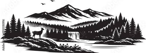 North Carolina Mountain Landscape Silhouette, Vector Illustration, Isolated on White Background