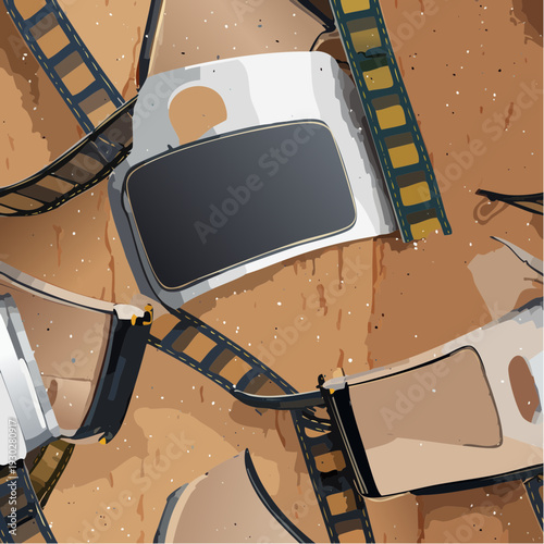 Vintage Film Strip and Movie Reel Elements Background.
