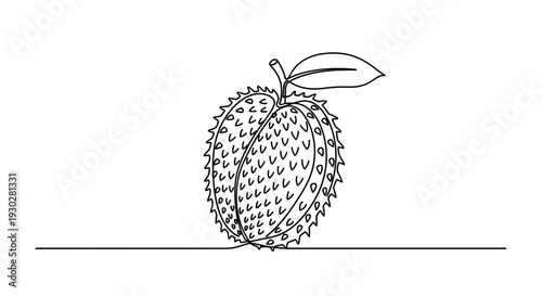 Single continuous line drawing of a soursop fruit with leaf on a white background.