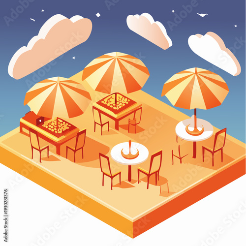 Outdoor restaurant patio with tables chairs and umbrellas for al fresco dining.