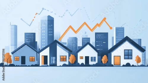 Conceptual illustration showing real estate development with small modern homes and stock trend arrows, clean vector layout for housing finance
