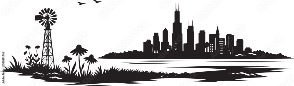 Obraz premium Illinois Prairie Landscape Silhouette, Vector Illustration, Isolated on White Background