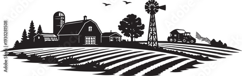 Indiana Farmland Landscape Silhouette, Vector Illustration, Isolated on White Background