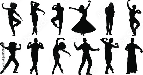 Dynamic silhouettes of dancers in various graceful poses, capturing movement and expression, perfect for performance and artistry