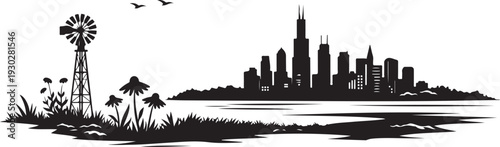 Illinois Prairie Landscape Silhouette, Vector Illustration, Isolated on White Background